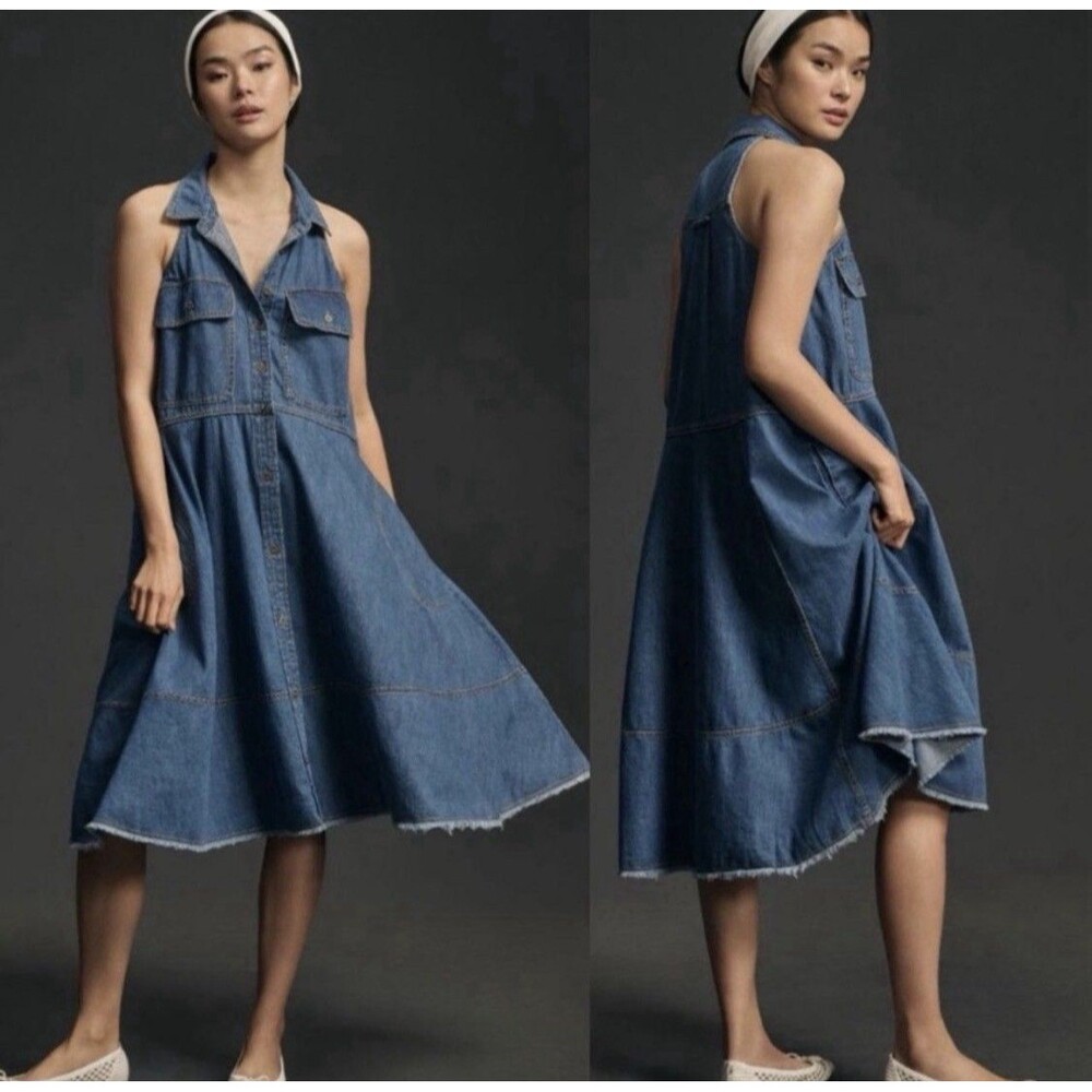 Anthropologie Pilcro Denim Halter Swing Midi Dress - Size L" - Picture 2 of 14